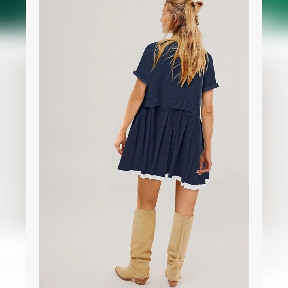 Casual Short Sleeve Crewneck T Shirt Dress Flowy Pleated Mini Dress - Picture 5 of 5